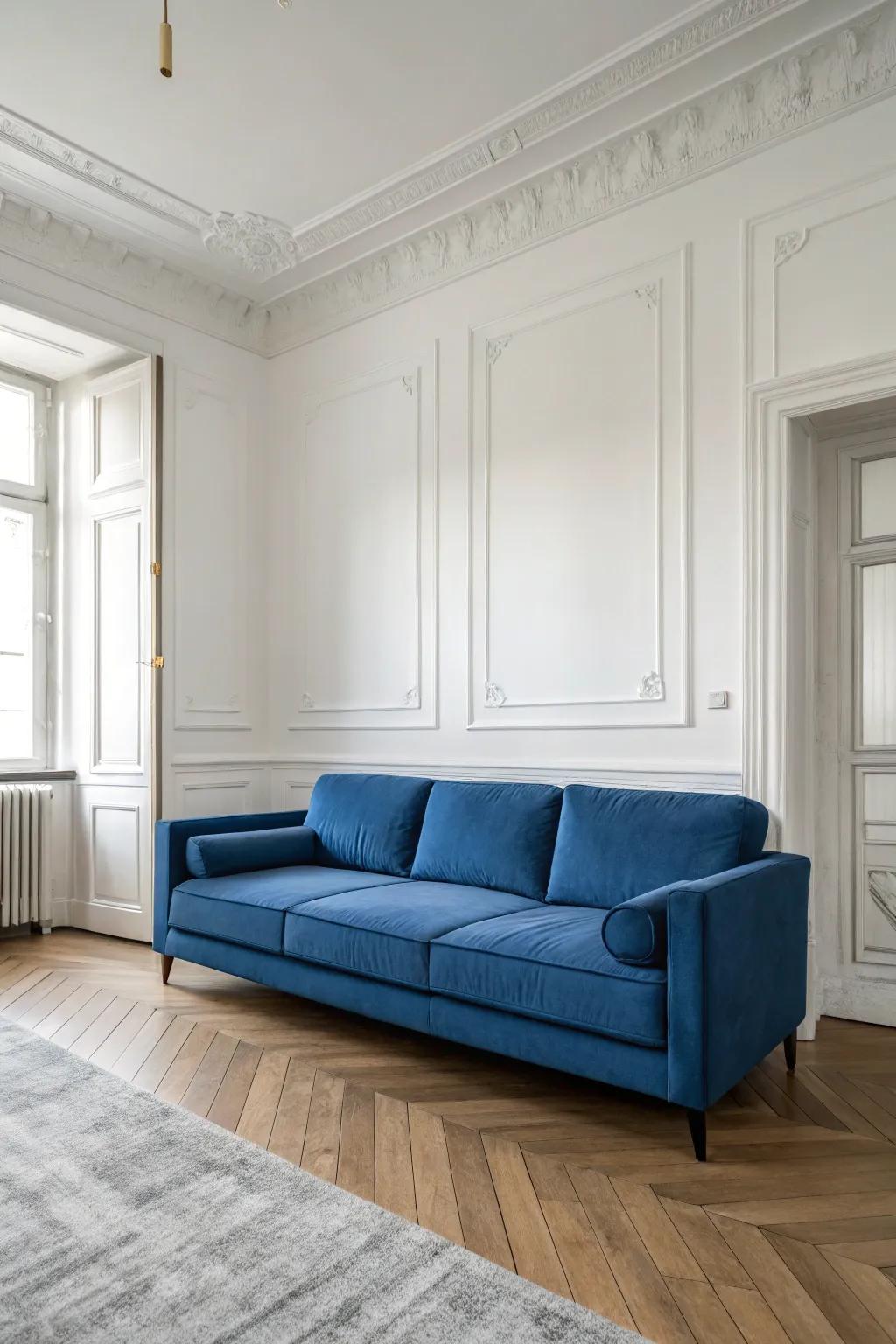A minimalist arrangement highlights the cerulean settee as the central feature.