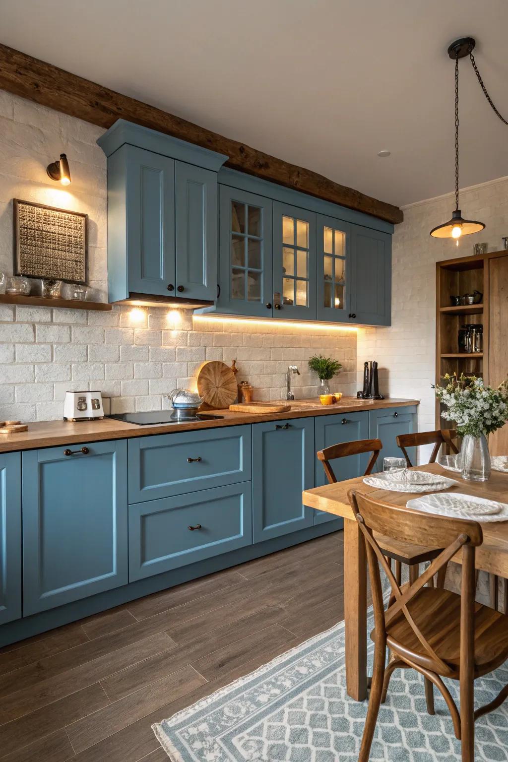 Azure cabinetry paired with warm timber tones creates a harmonious and welcoming kitchen.