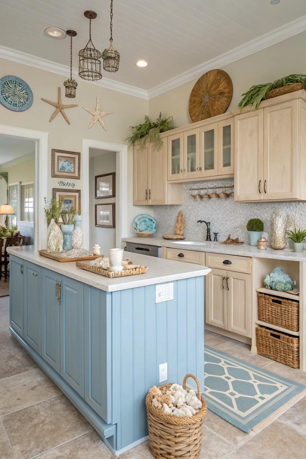 A cerulean cooking hub sets the tone for this beach inspired kitchen.