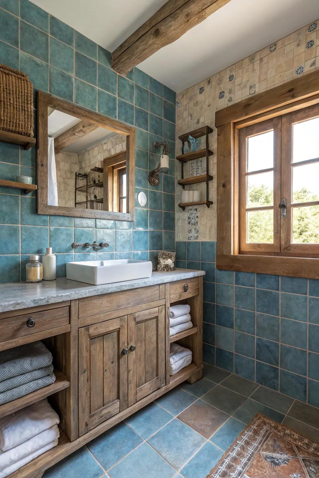 Weathered blue tiles bring rustic warmth to your bathroom.