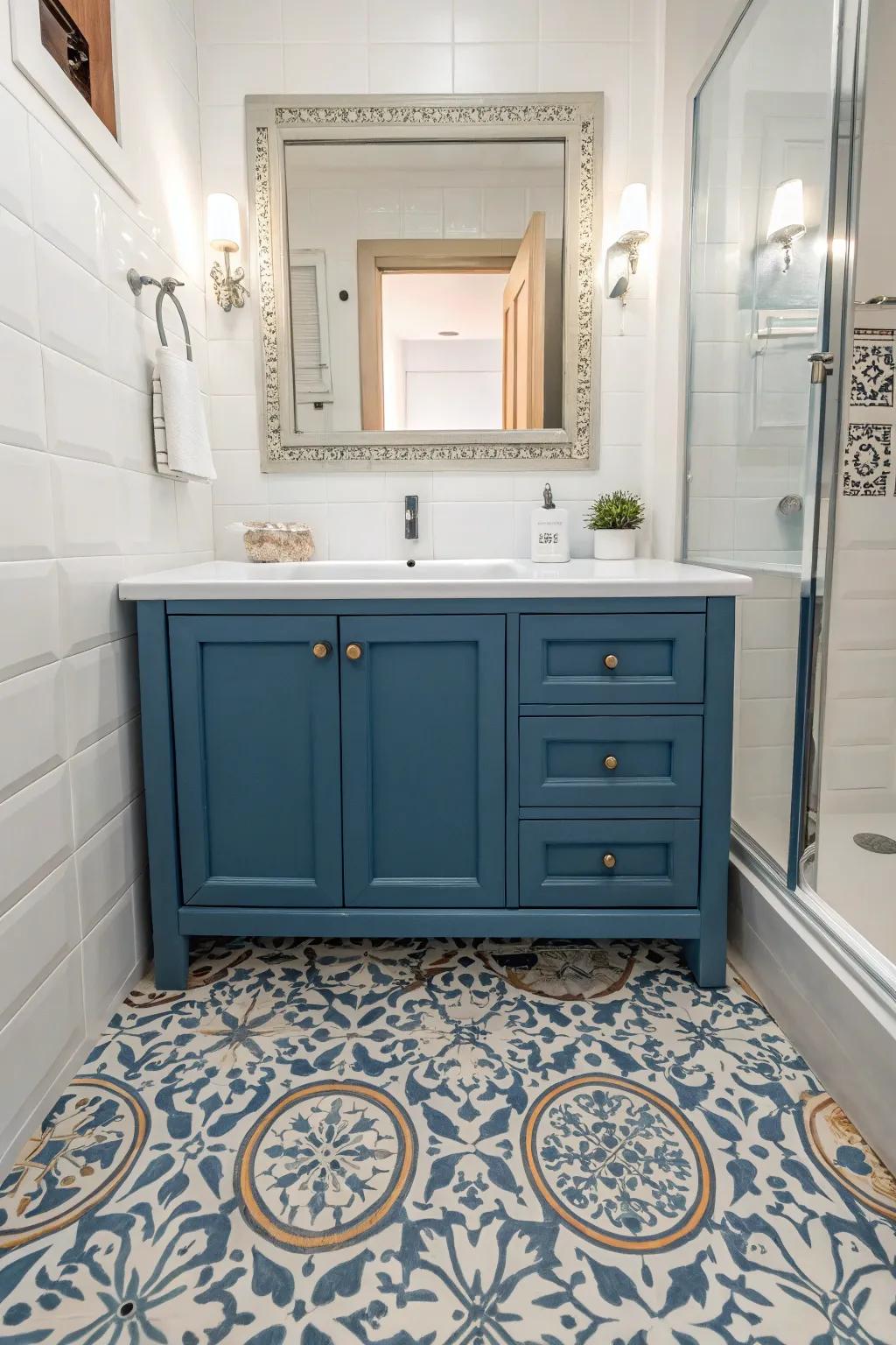 Patterned floors infuse whimsy and refinement into a blue vanity.