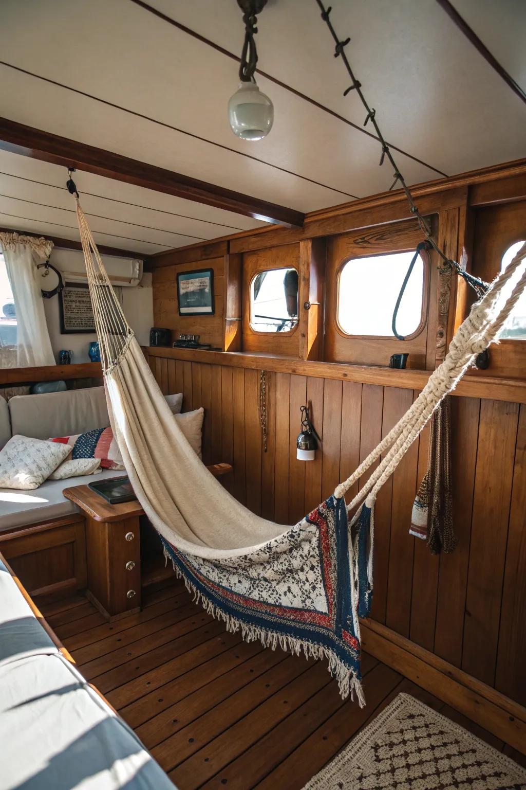 Maritime hammock in a boat cabin.