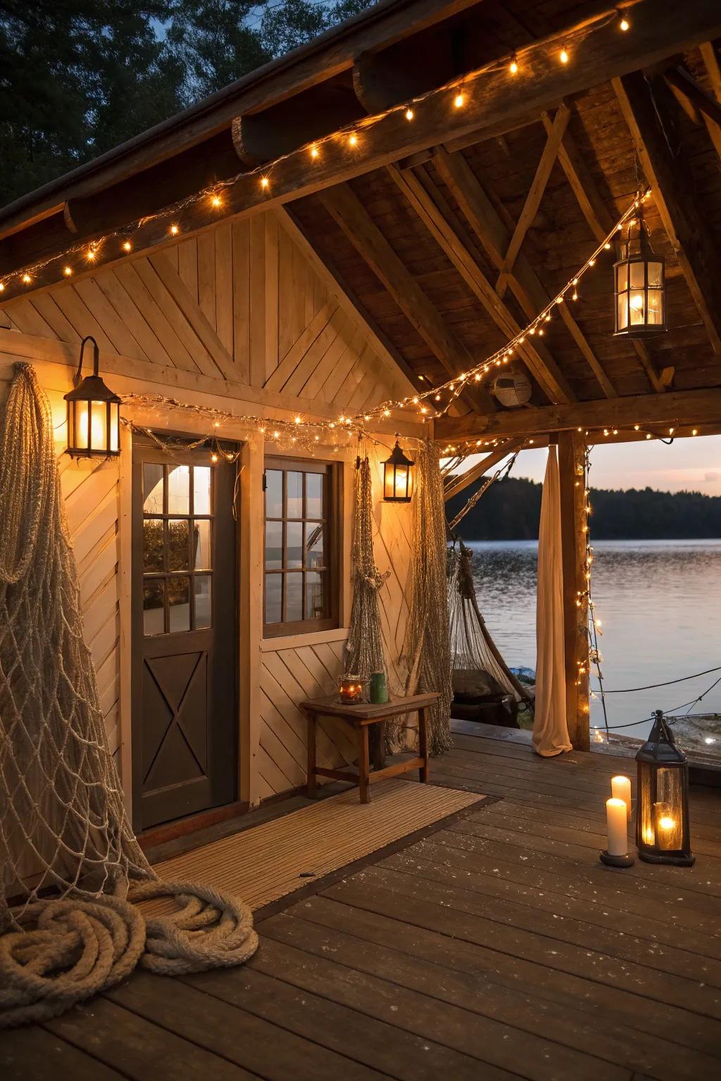 Cordage illumination imparts a rustic and nautical charm to the boat house.