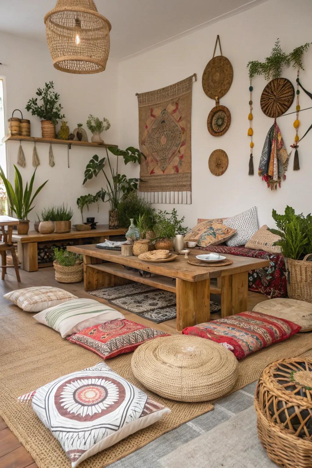 Floor seating enriching comfort within a boho dining space.