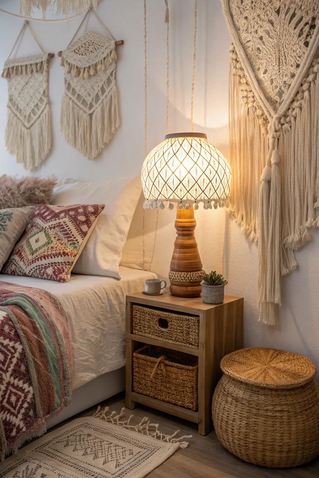 The fringed lamp enriches the feeling in this bedroom.