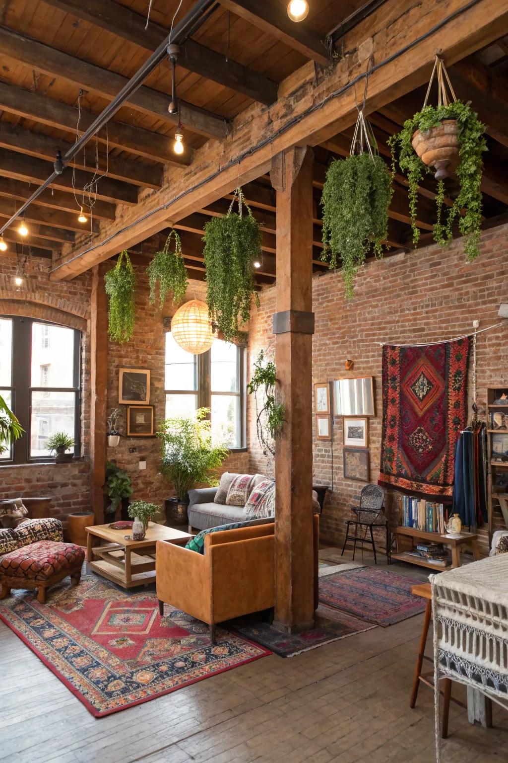Exposed building elements add raw beauty to your boho loft.