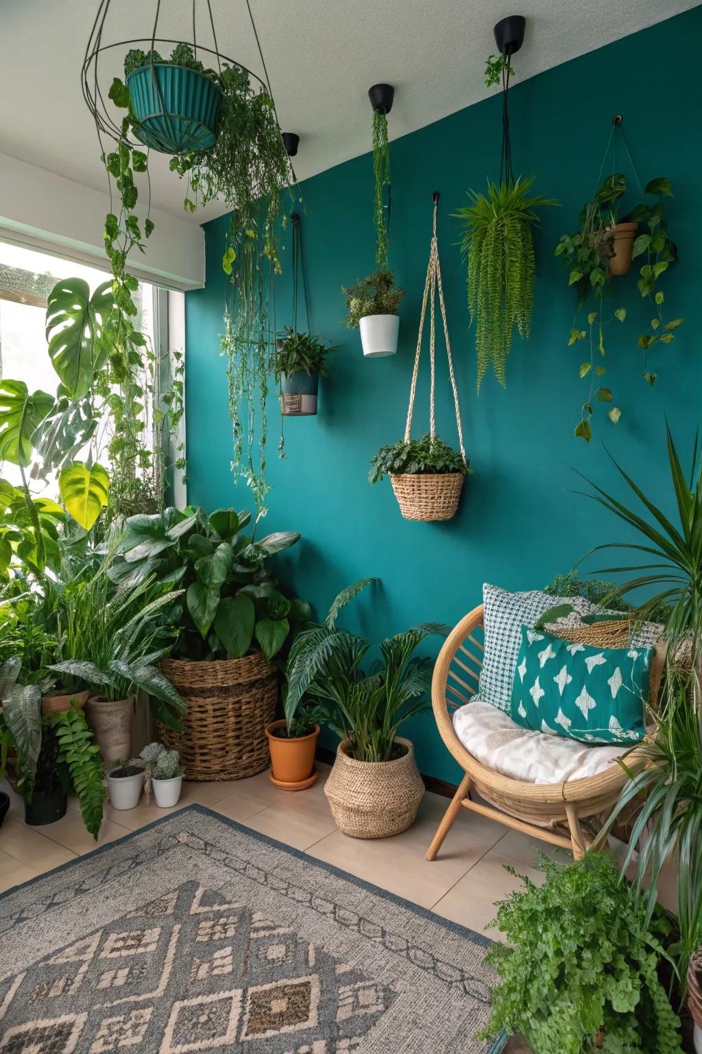 A kaleidoscopic focal wall injects energy and complements the greenery.