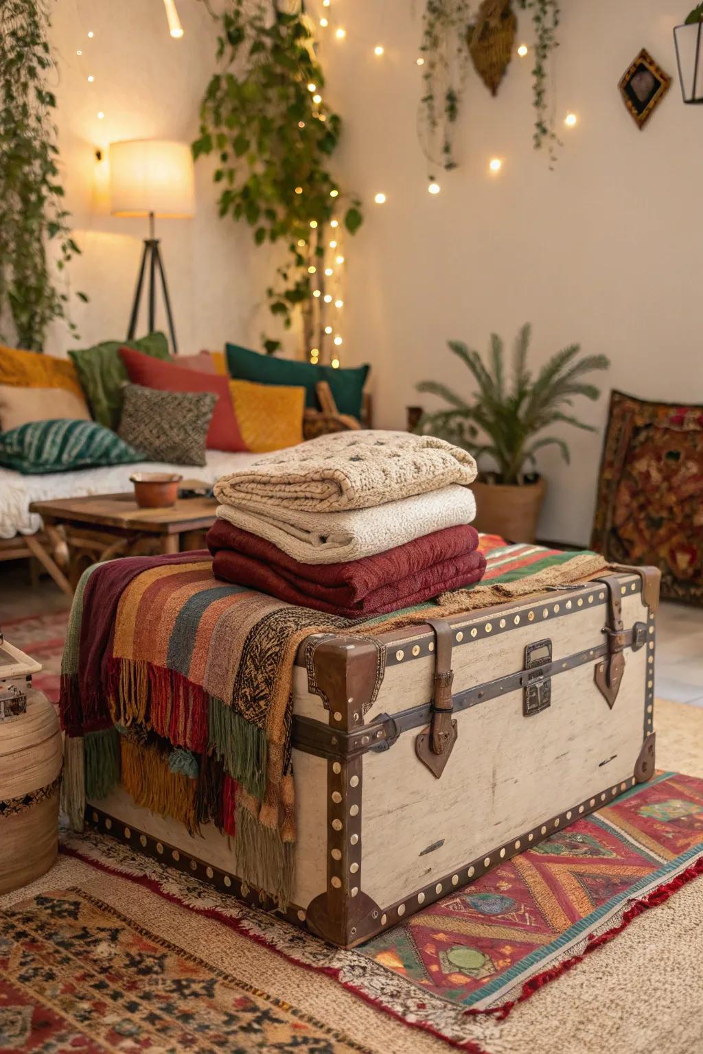 Layered textiles on trunks fashion a welcoming and useful space.