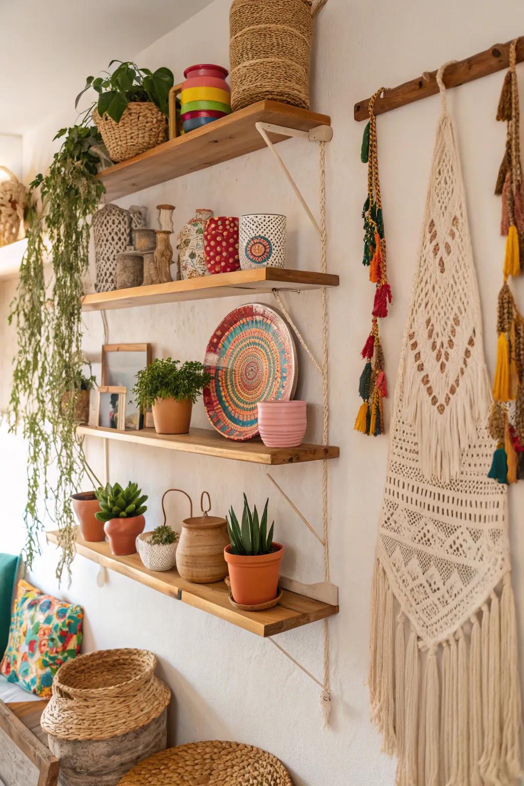Bohemian storage adds practical and chic storage to this wall.