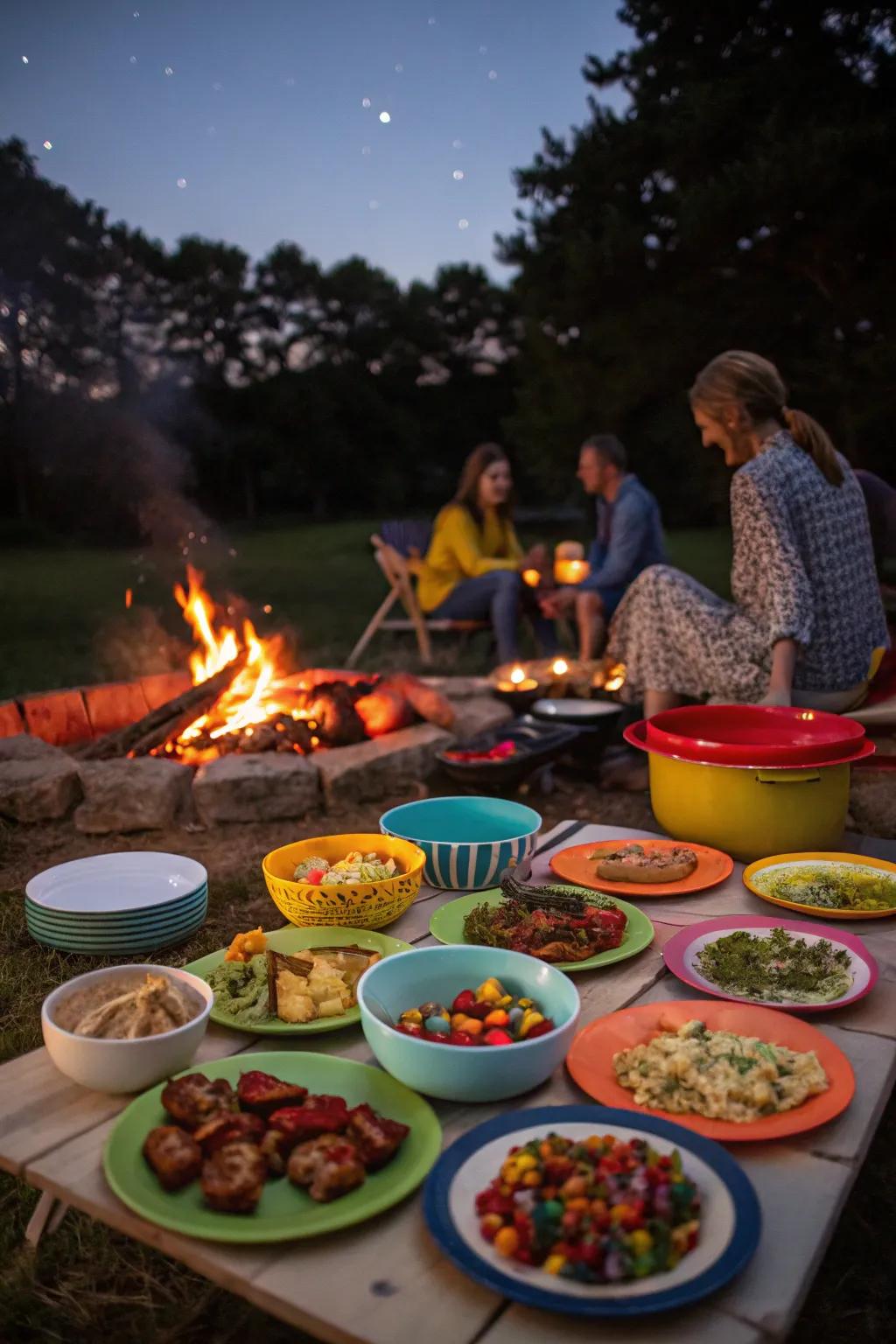 A community bring-a-dish meal by the bonfire.
