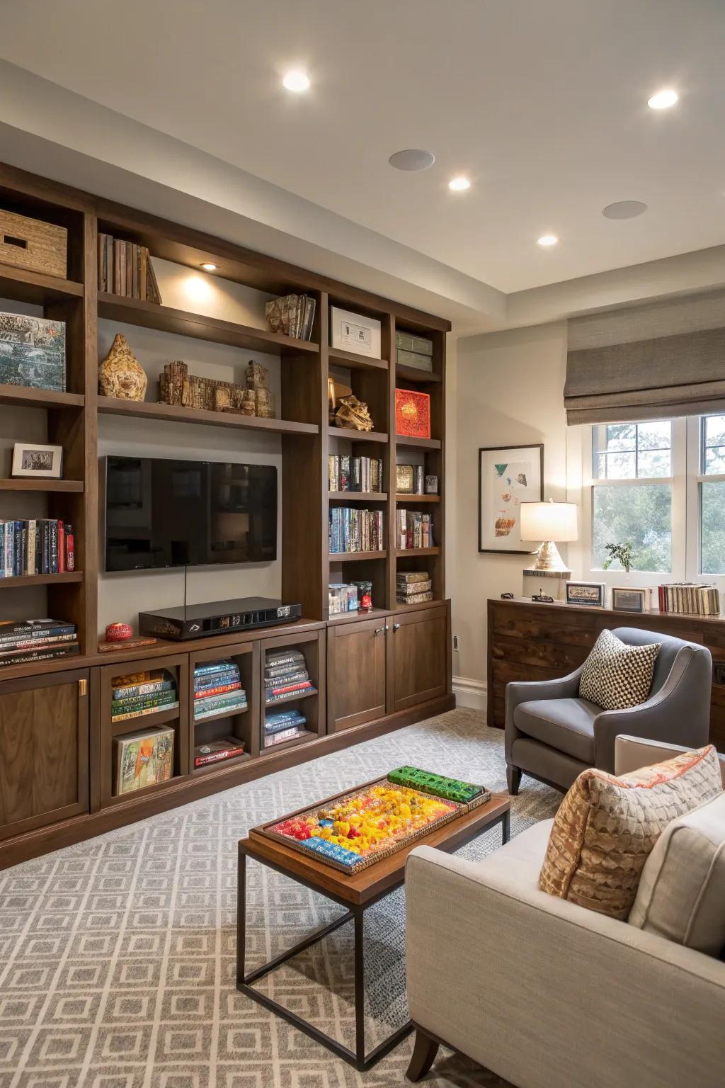 Smart storage solutions help keep your game room orderly.