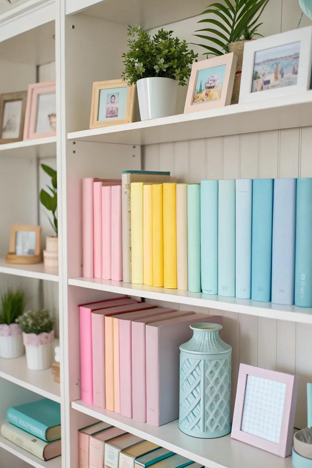 Pastel accents convey a gentle and amiable sensation to a bookshelf.