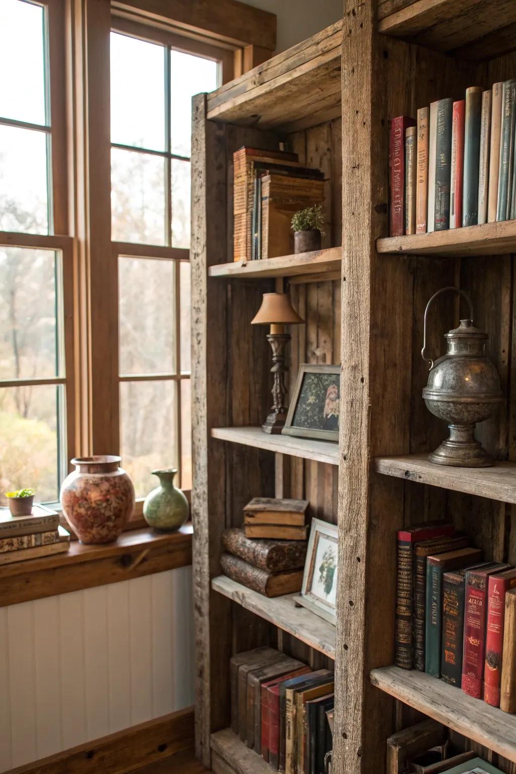 Add warmth with rustic repurposed timber bookshelves.