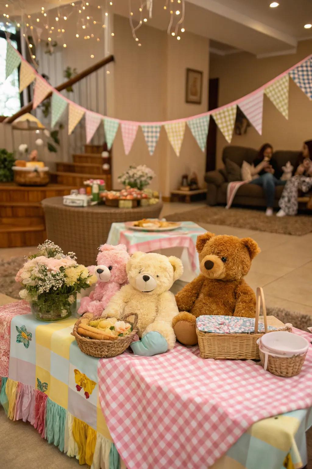 A teddy bear-themed picnic baby shower with cozy elements