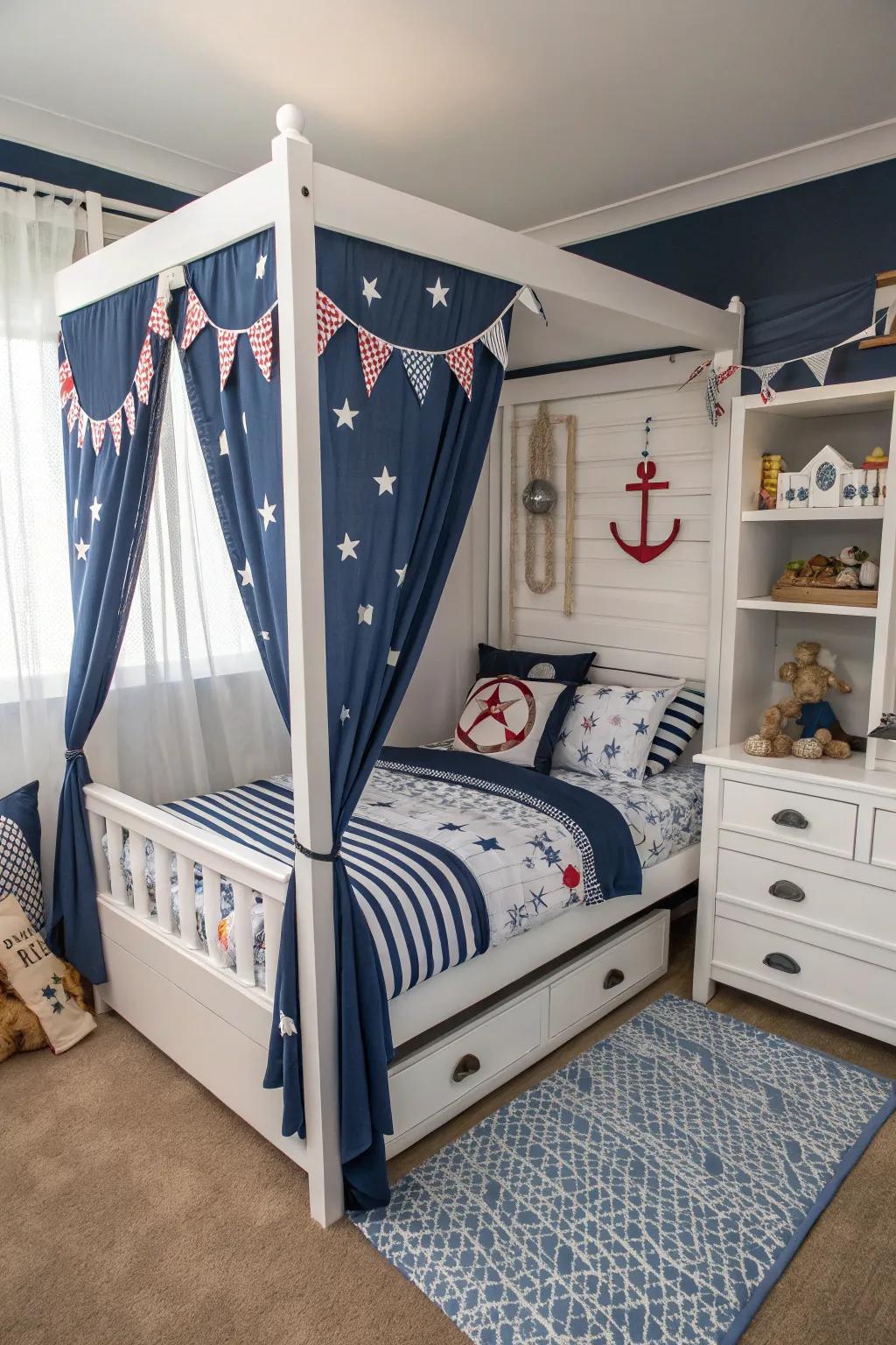 Set sail for sweet dreams with this nautical-themed canopy bed.