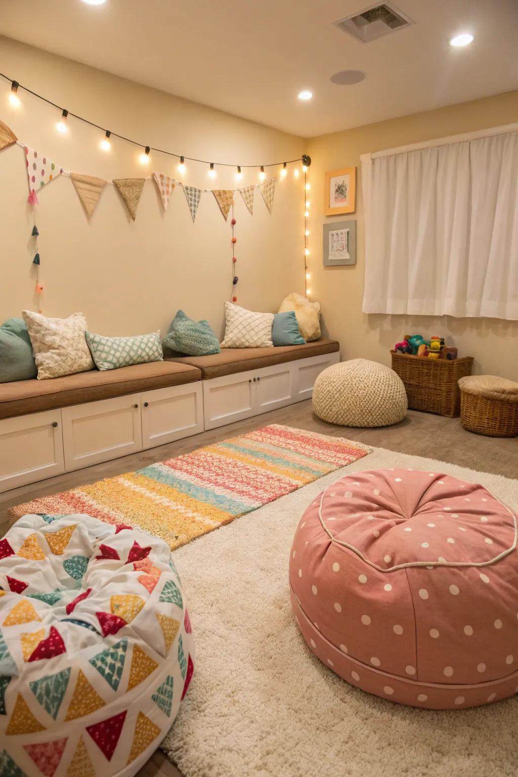 Comfy seating inviting repose and cohesiveness.