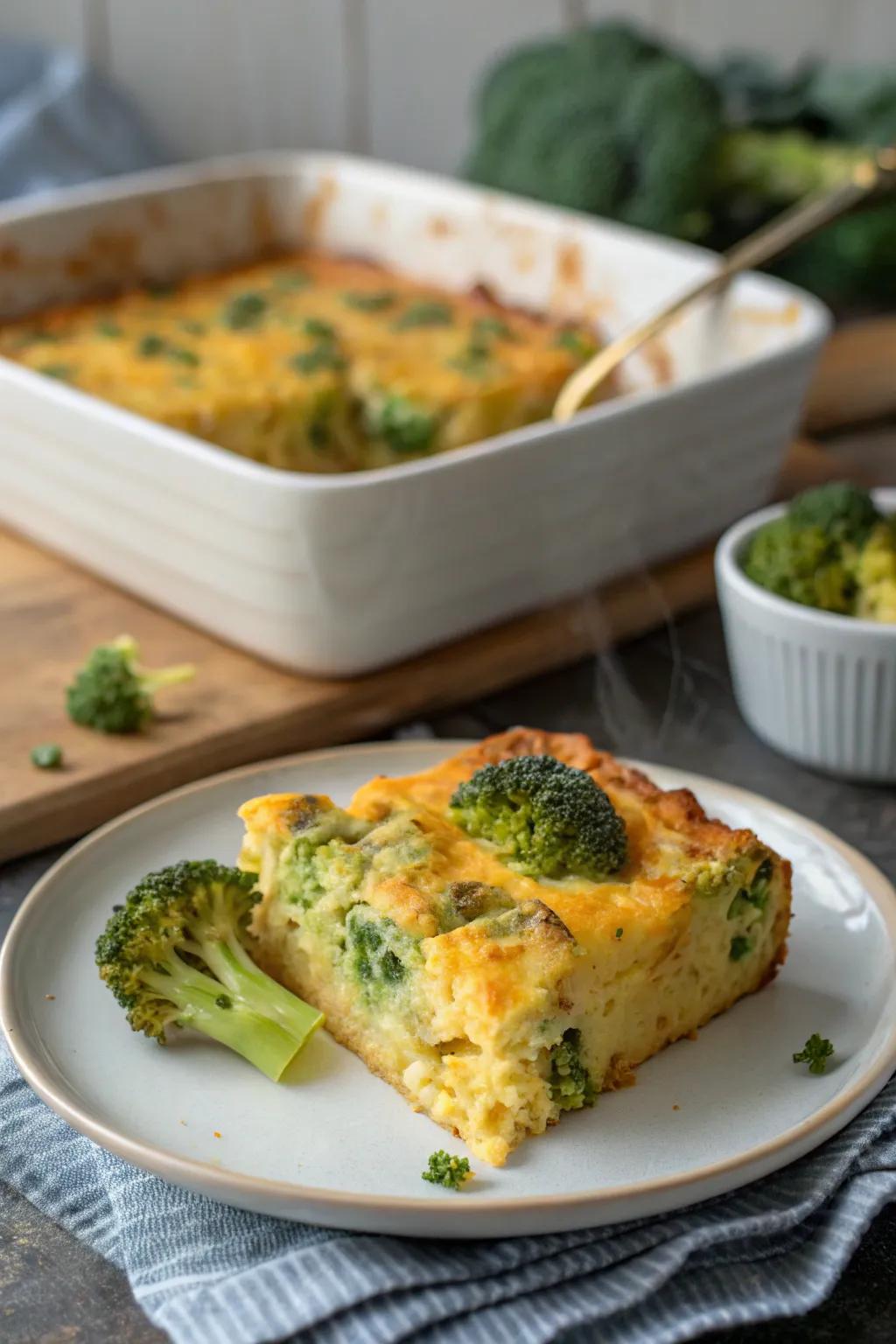 A cheesy broccoli casserole, perfectly suited for a delightful family breakfast.