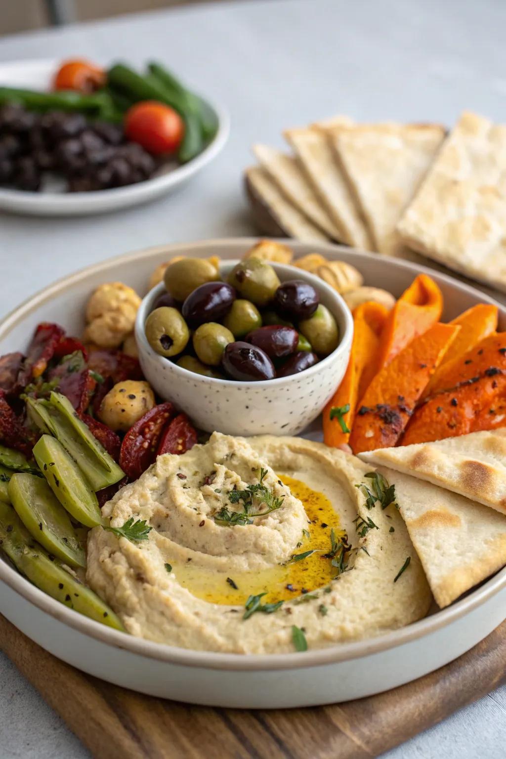 A flavorful Mediterranean mezze arrangement for brunch explorers.