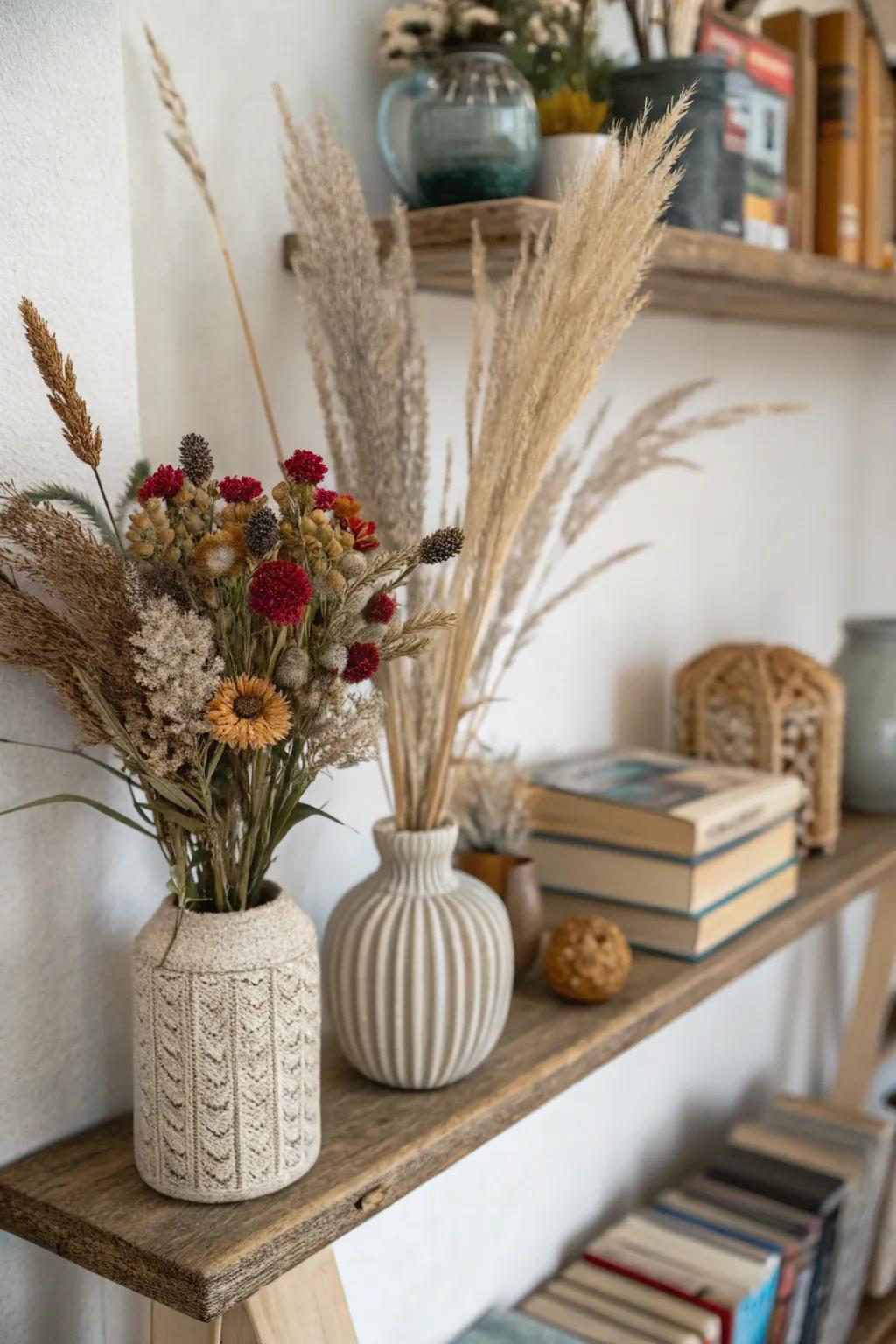Add a boho vibe with dried flowers and pampas grass.