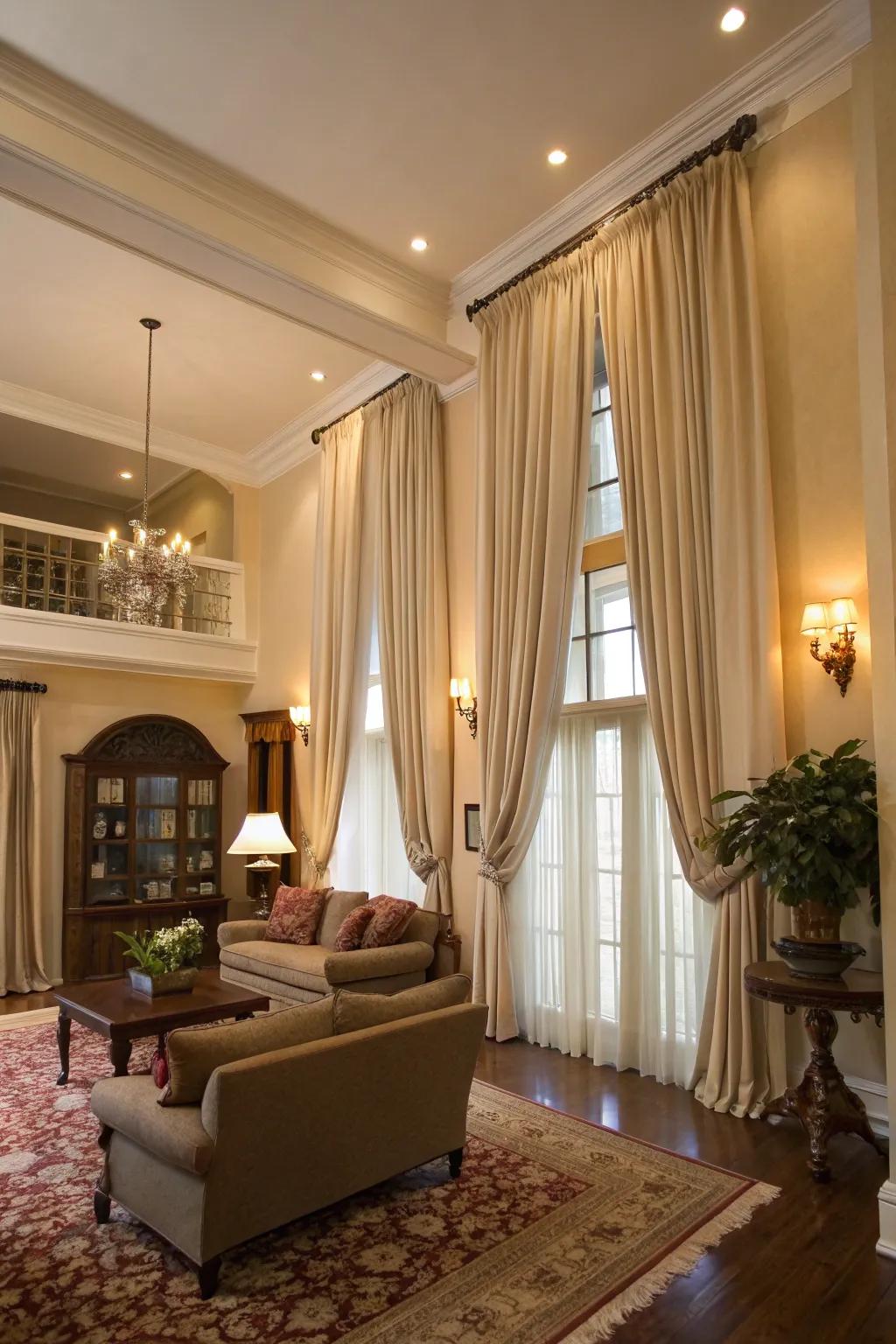 Tall drapes can make your living room look taller and more classy.