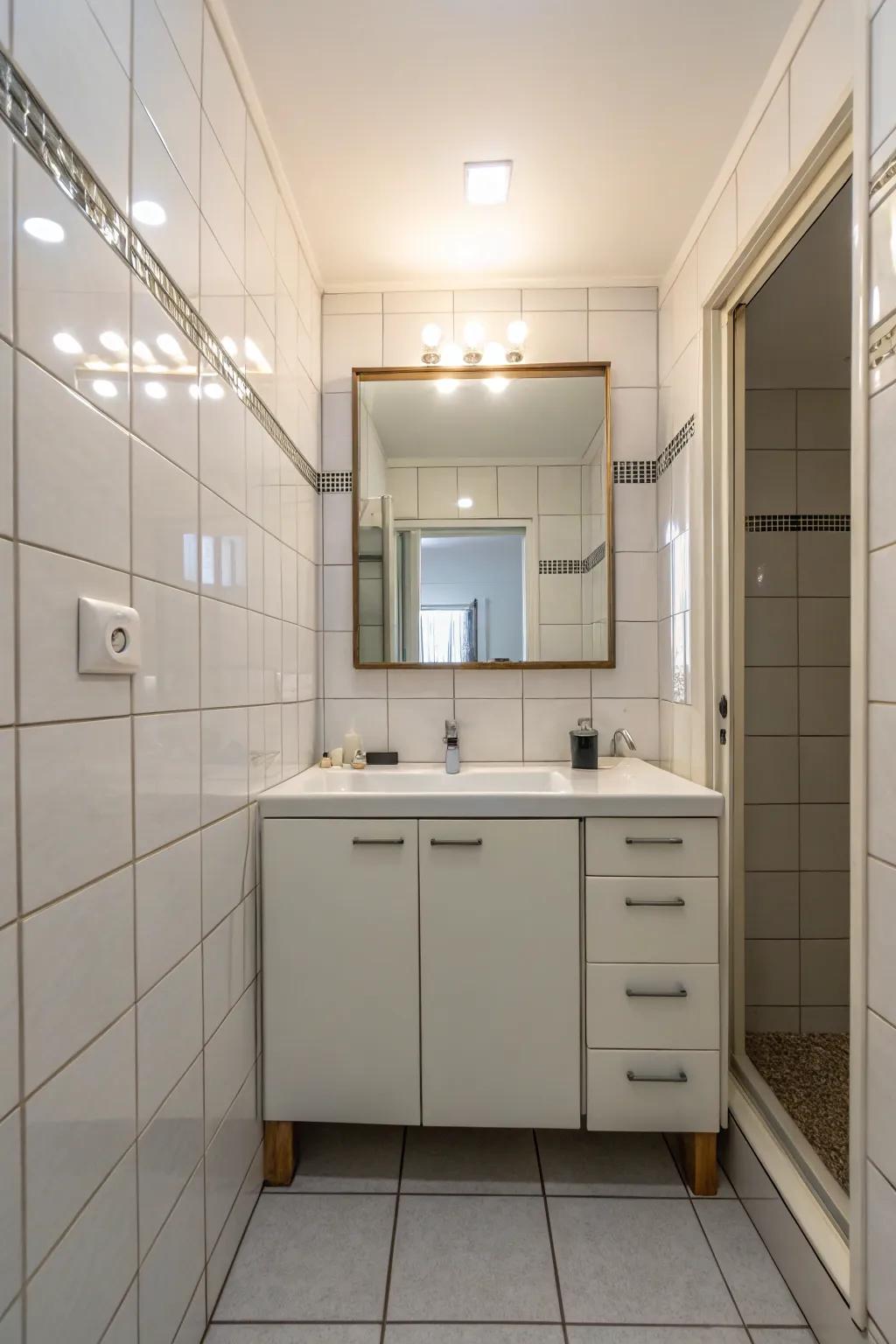 Cabinets with mirrors amplify illumination and increase storage.