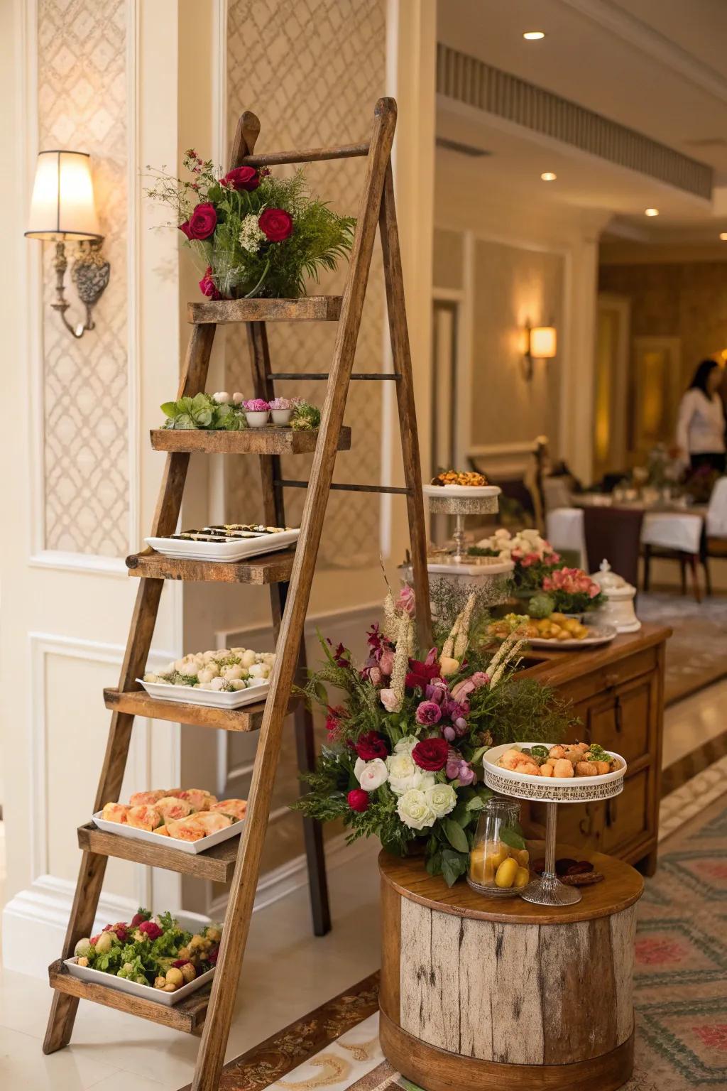 A step-ladder display provides an innovative and attention-grabbing buffet presentation.