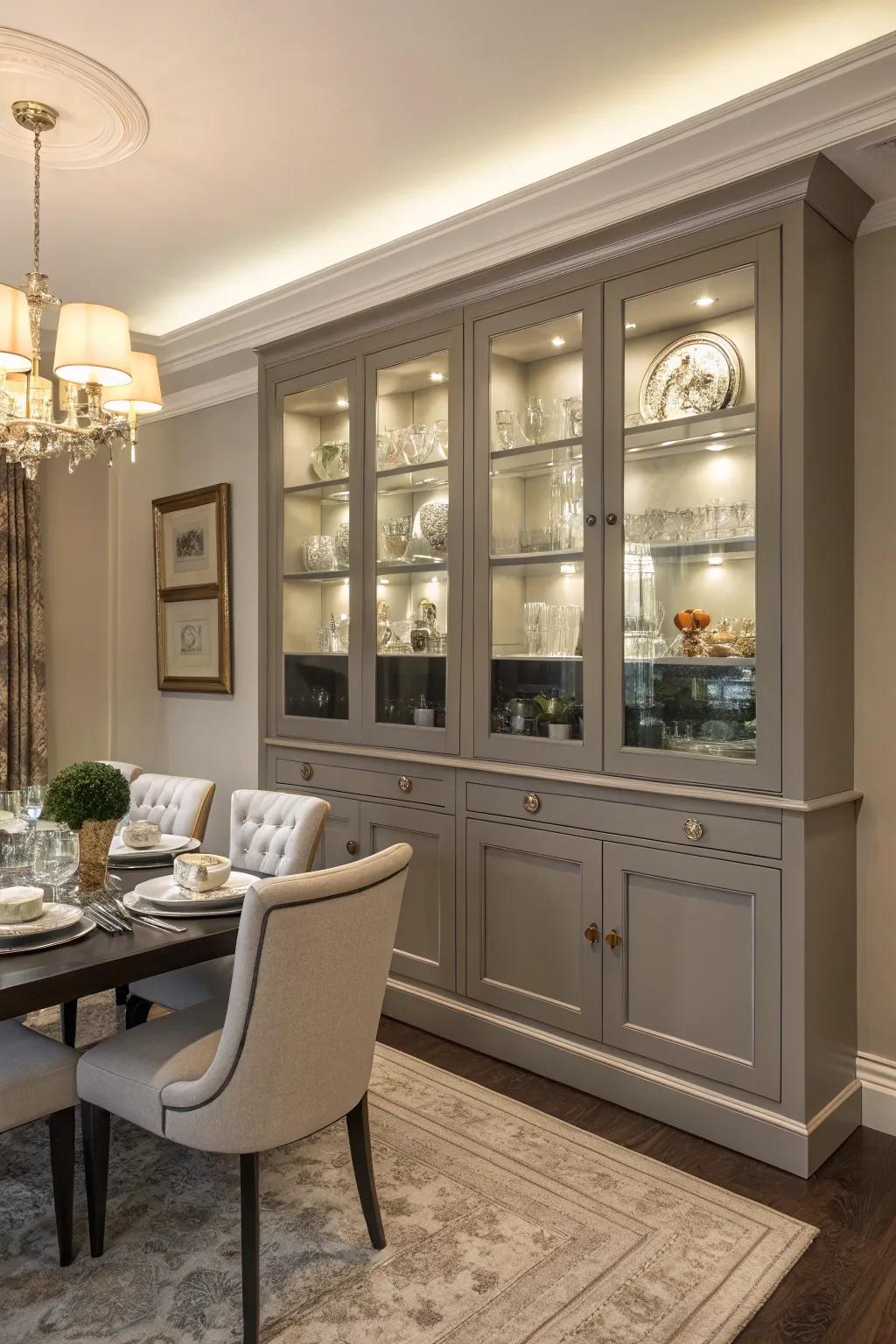 Dual-purpose cabinetry offering storage and display options in a dining room.