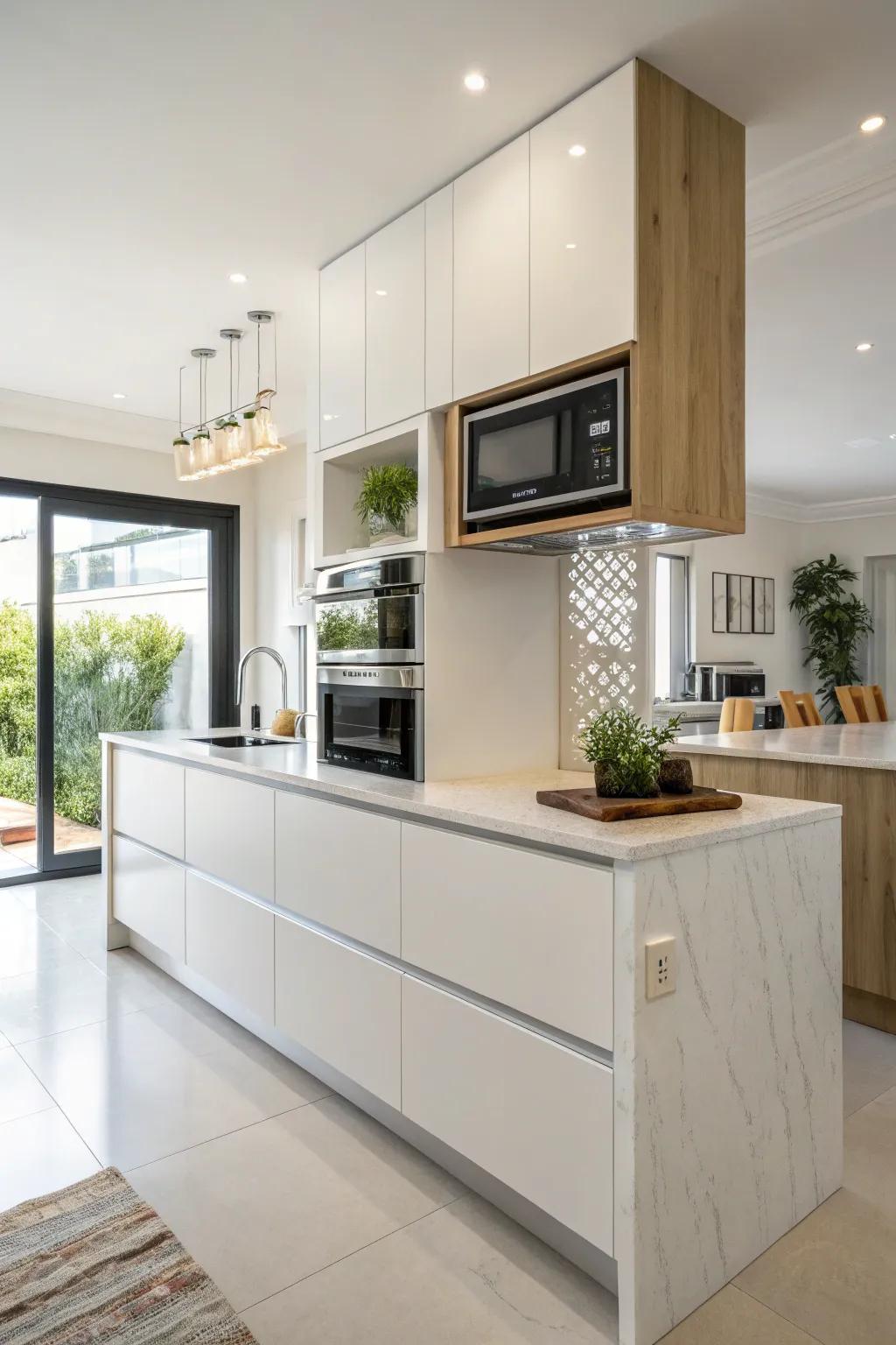 Modern kitchen design with the microwave mounted above a raised counter.