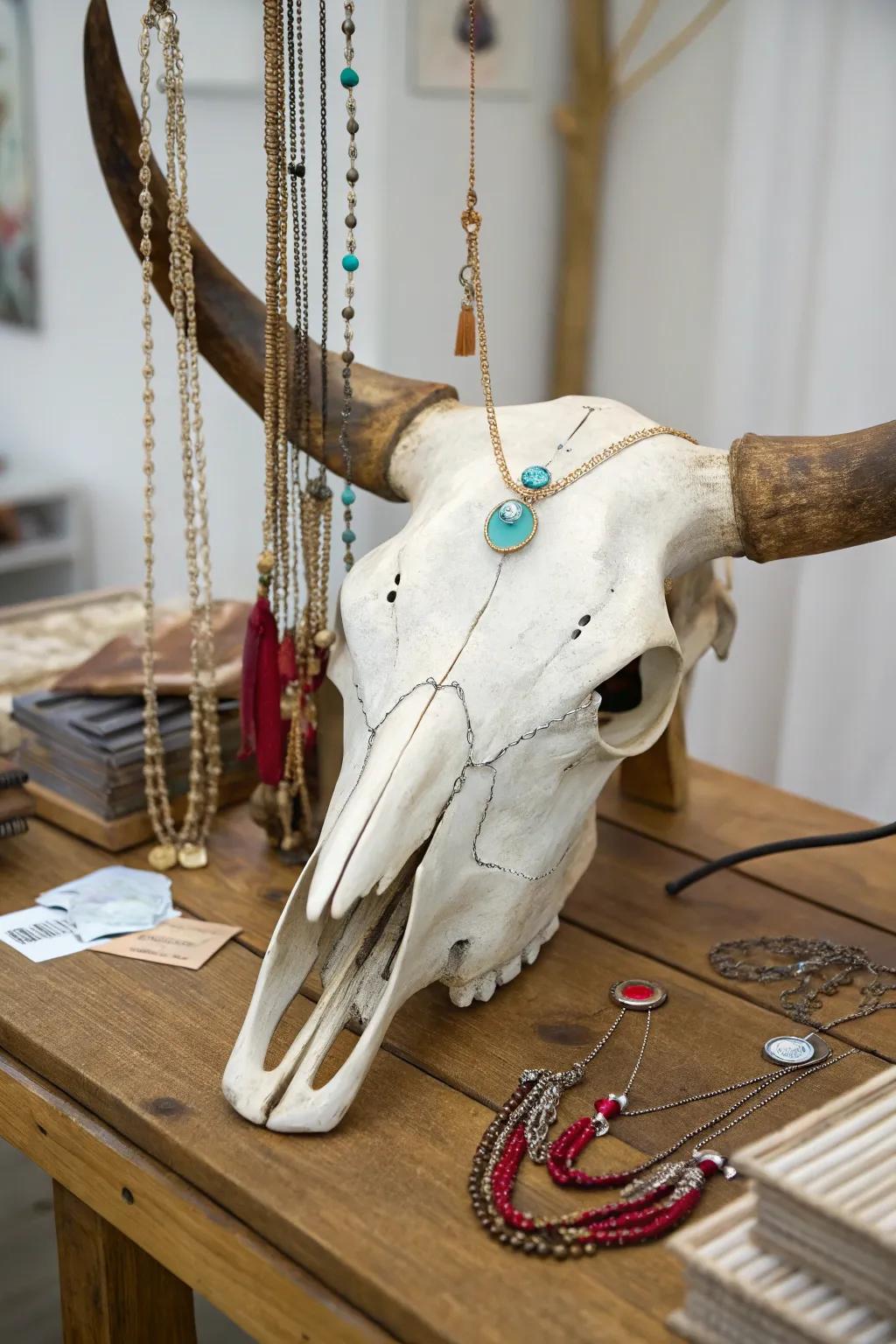 Creative jewelry display utilizing a cattle skull.