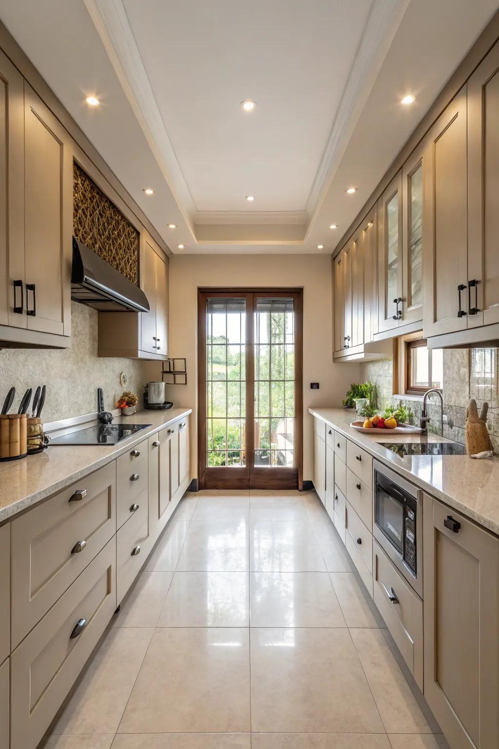 A bungalow cooking area showcasing a beautifully symmetrical layout.