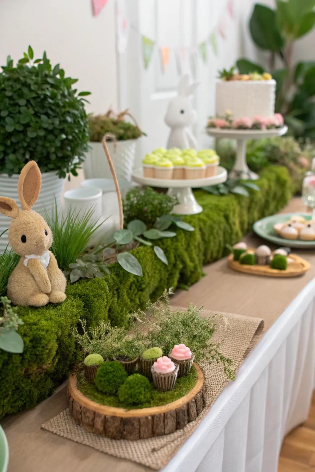 A nature-inspired tablescape with greenery introduces a fresh element.