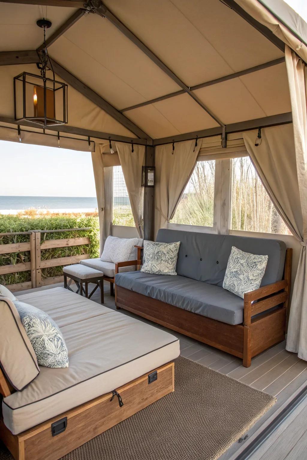 A versatile cabana featuring multipurpose furnishings for flexibility.