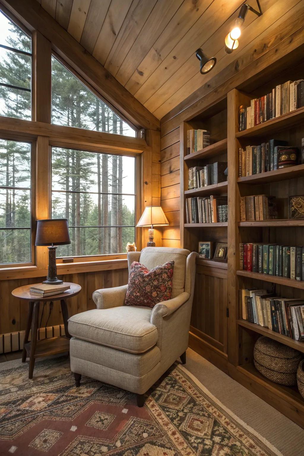 A cozy nook offers the perfect escape and relaxation area within a cabin environment.