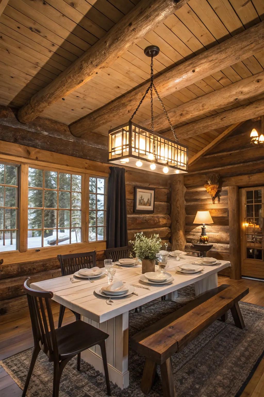 A striking light part enhancing the dining zone in a cabin.