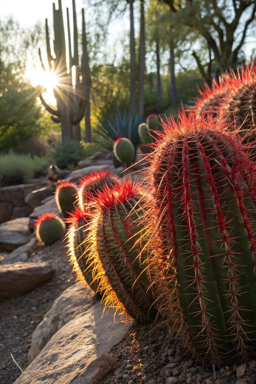 Sunlight reflecting off cacti thorns, creating a magical view.