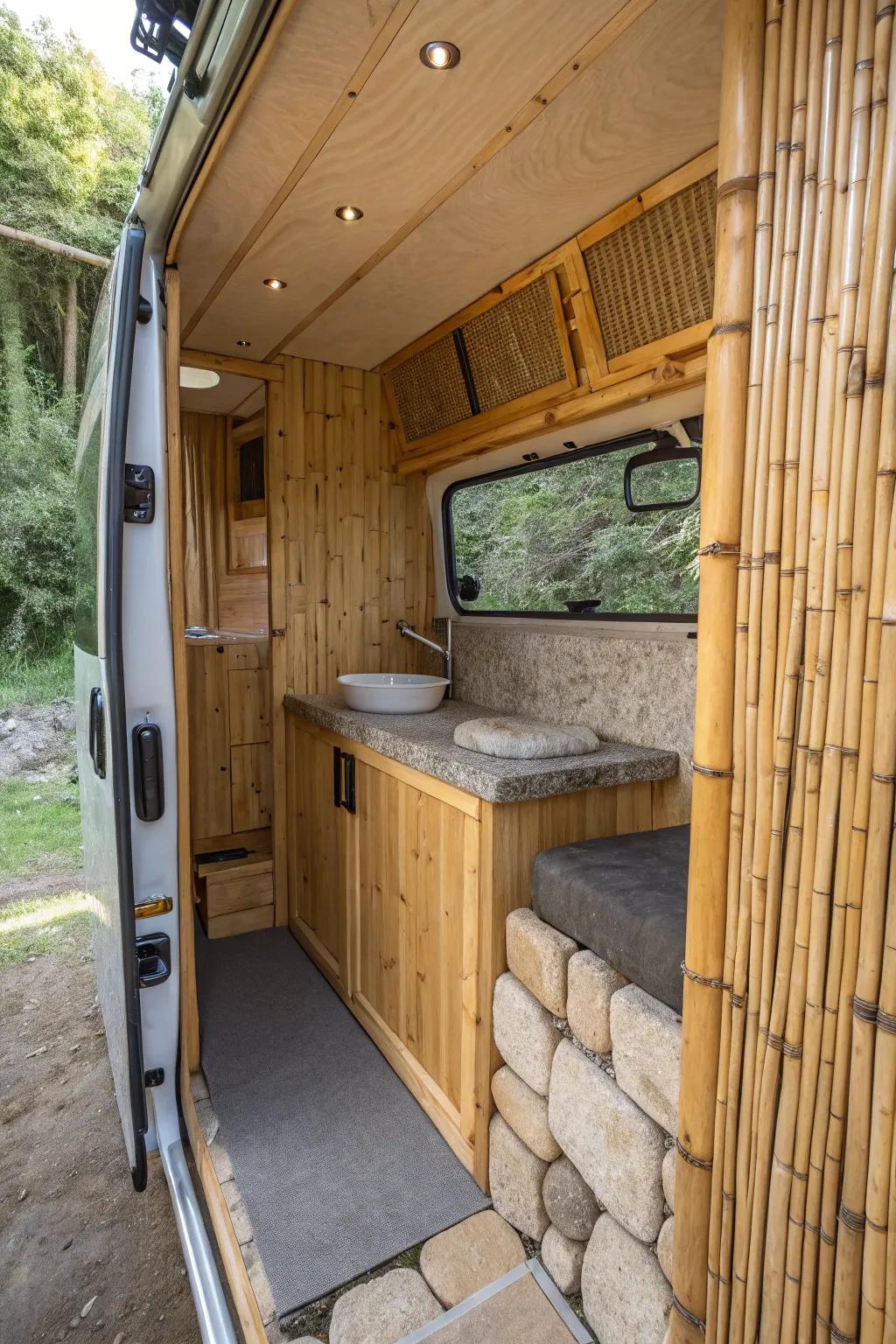 A serene camper van bathroom featuring bamboo and stone materials.