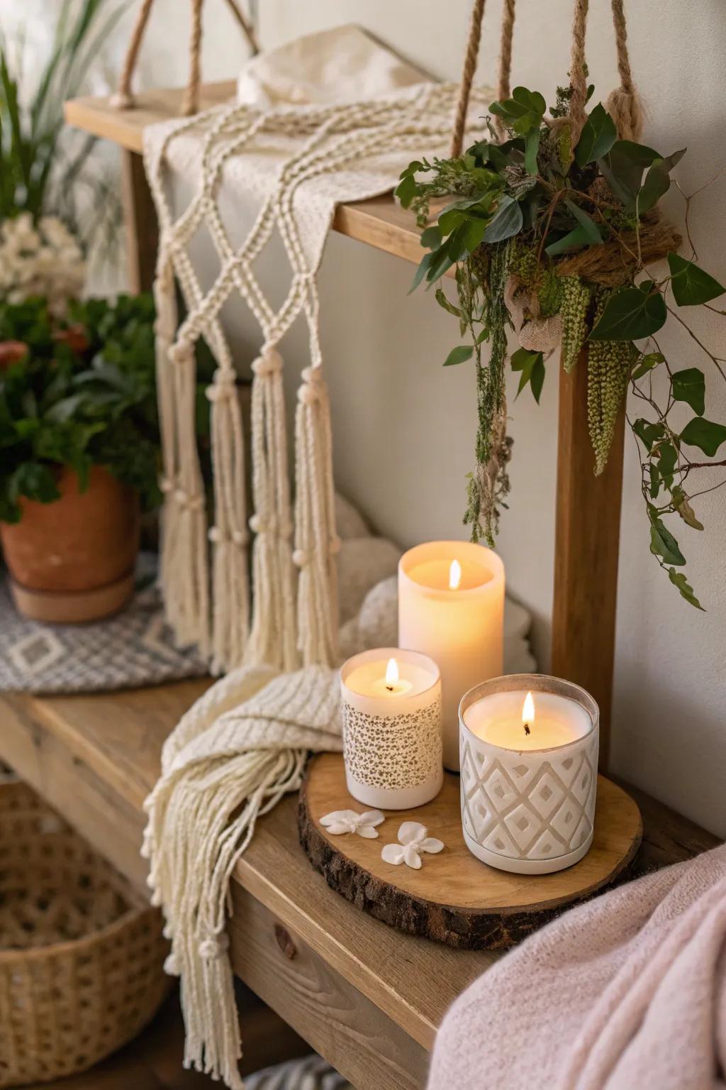 Macramé and candles create a bohemian-chic vibe.