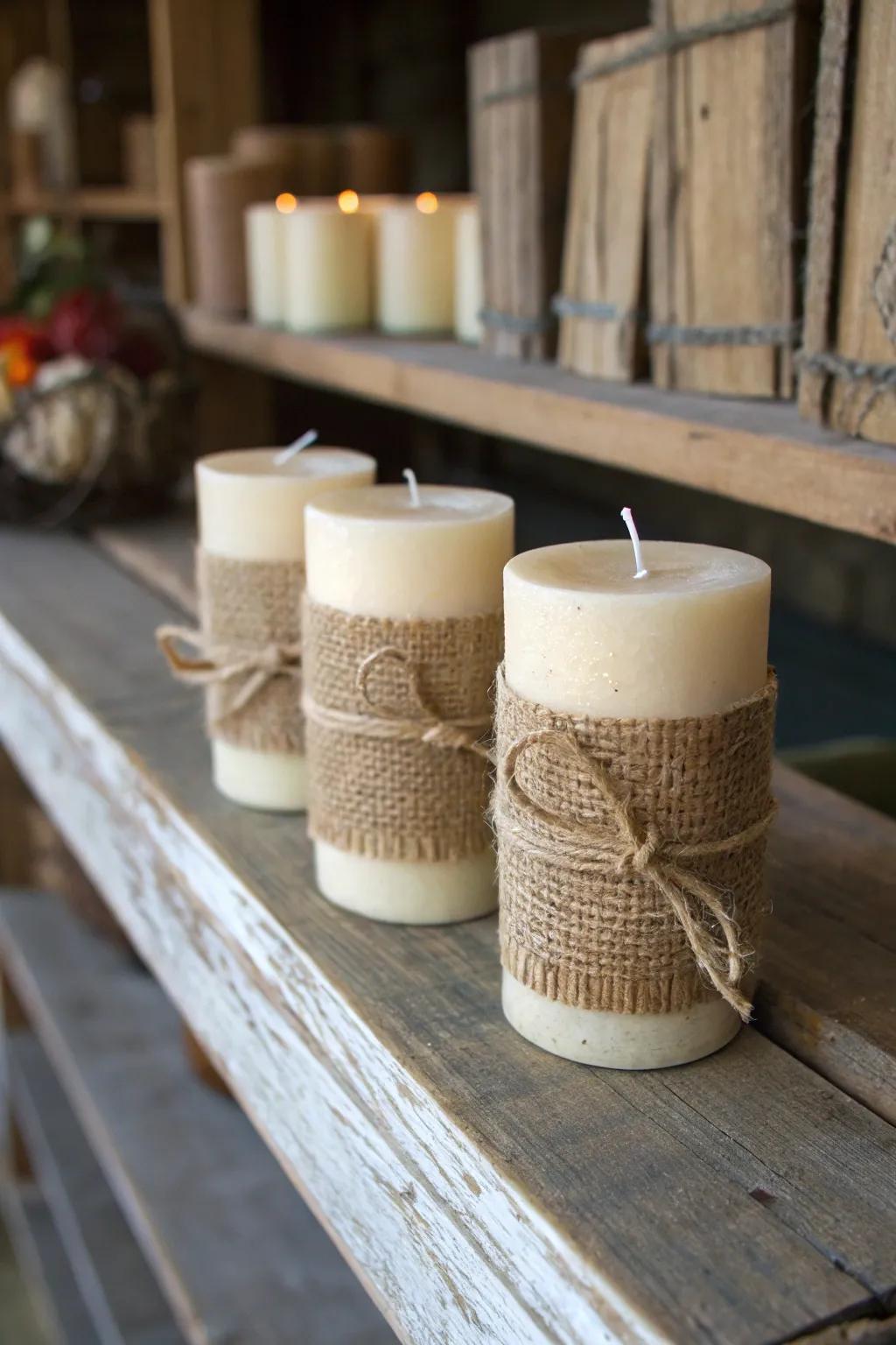 Countryside warmth featuring hessian-wrapped candles.