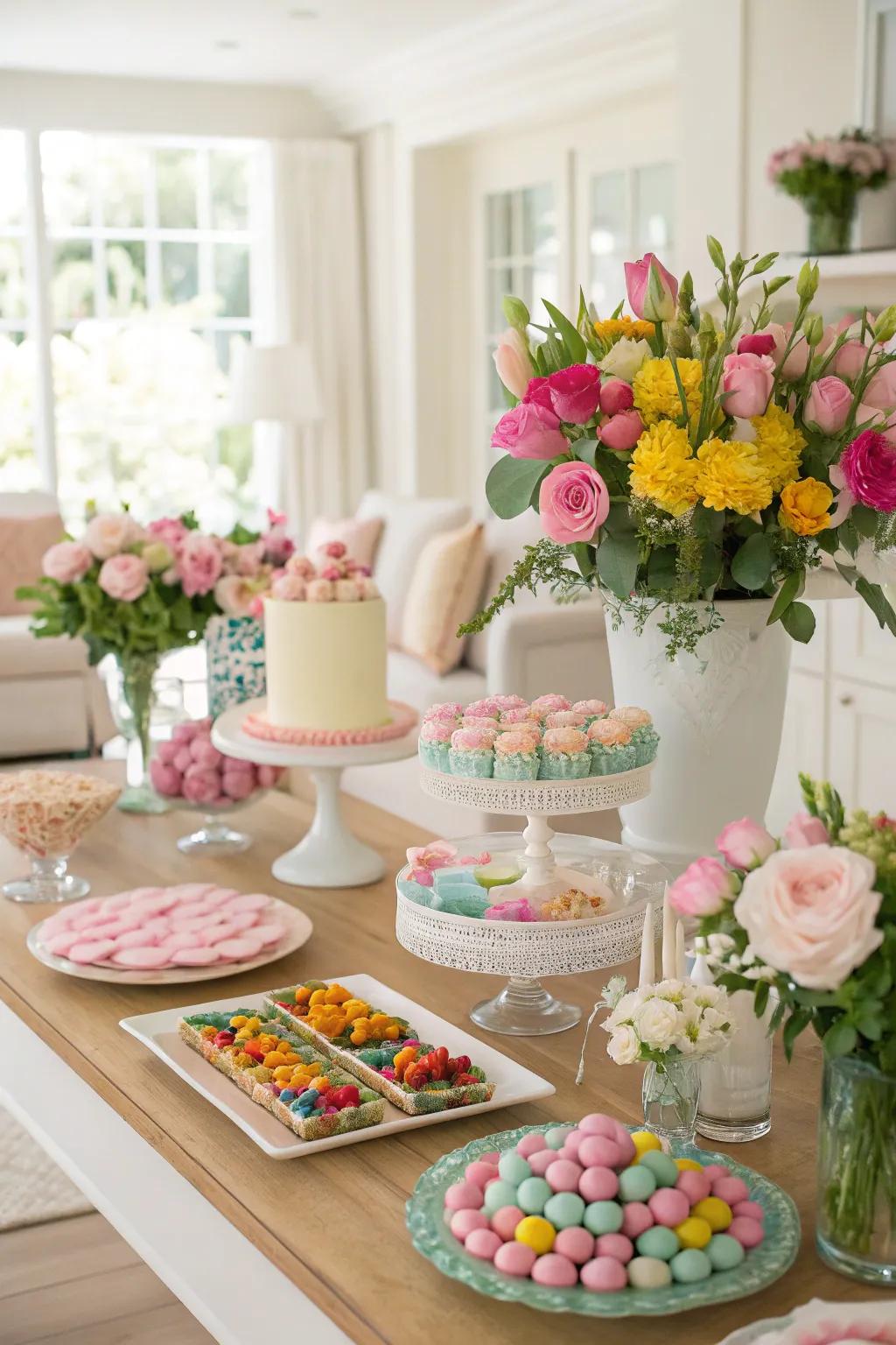 A sweet garden party candy table.