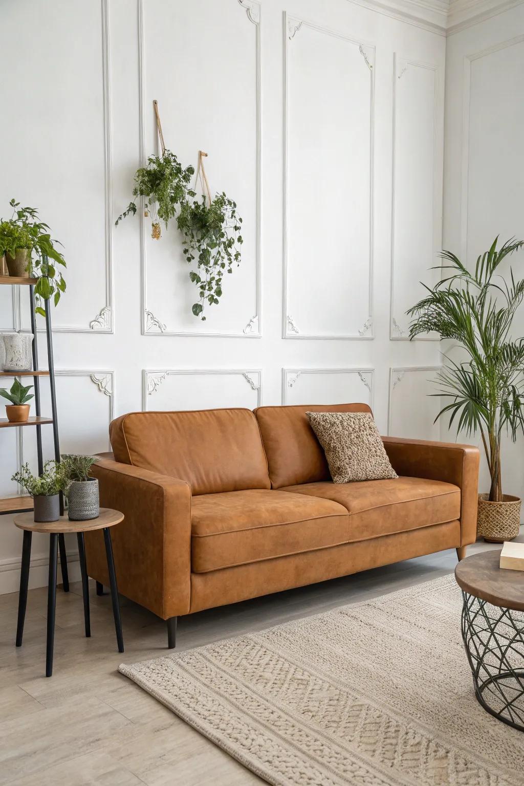 Understated decoration highlights the beauty of a honey-toned sofa.