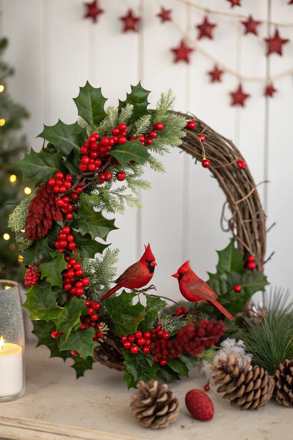 A festive wreath showcasing cardinals and holly for a classic manifestation.