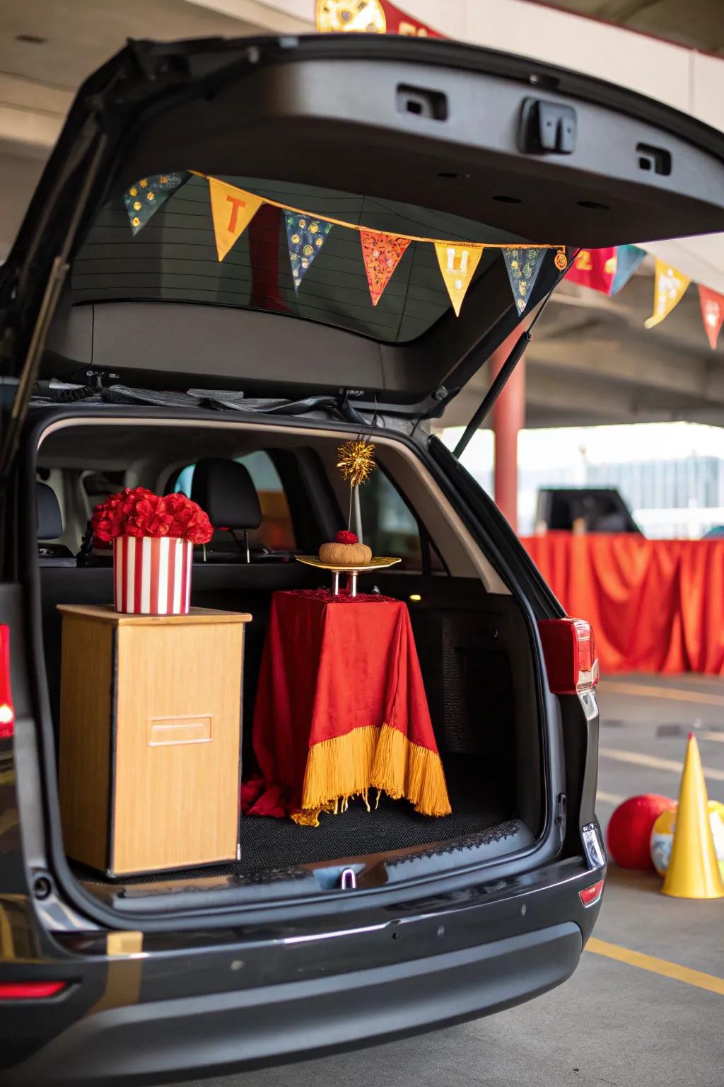 At the trunk-or-treat event, an alluring stage manager podium commands attention.