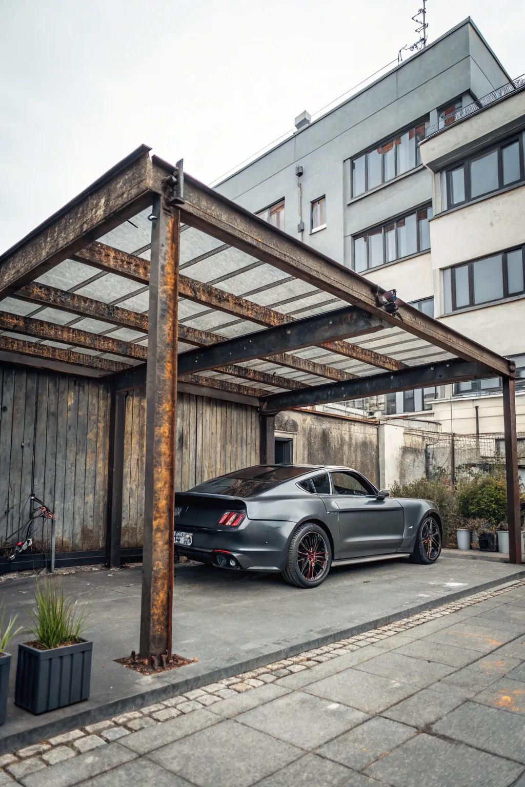 A factory-style carport with a rugged, modern aesthetic.