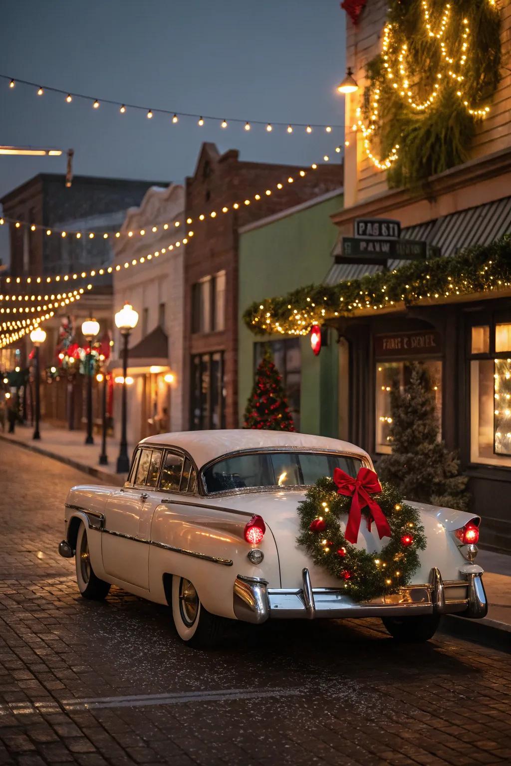 A car with an old-fashioned holiday theme, taking you back to Christmases of the past.