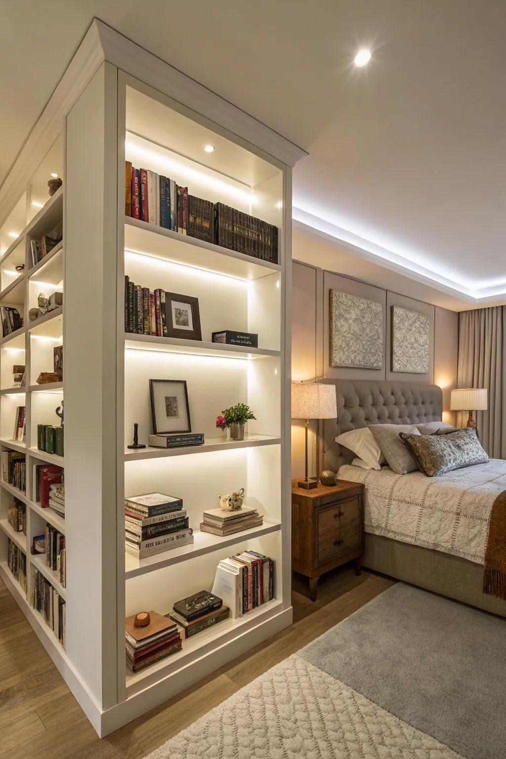 Wall storage keeps the floor clear.