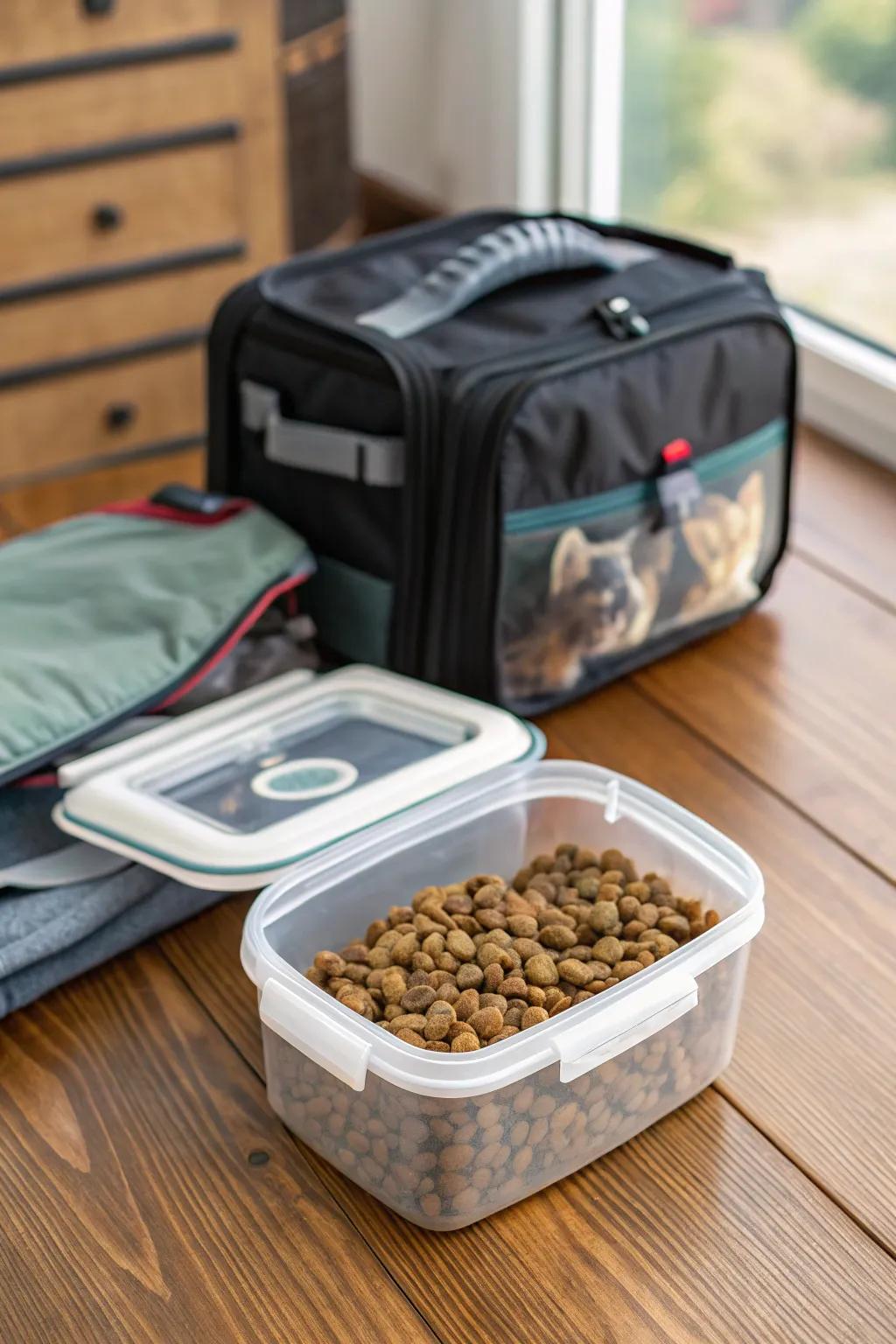 Comfortable movable case for on-the-go feline food storage.