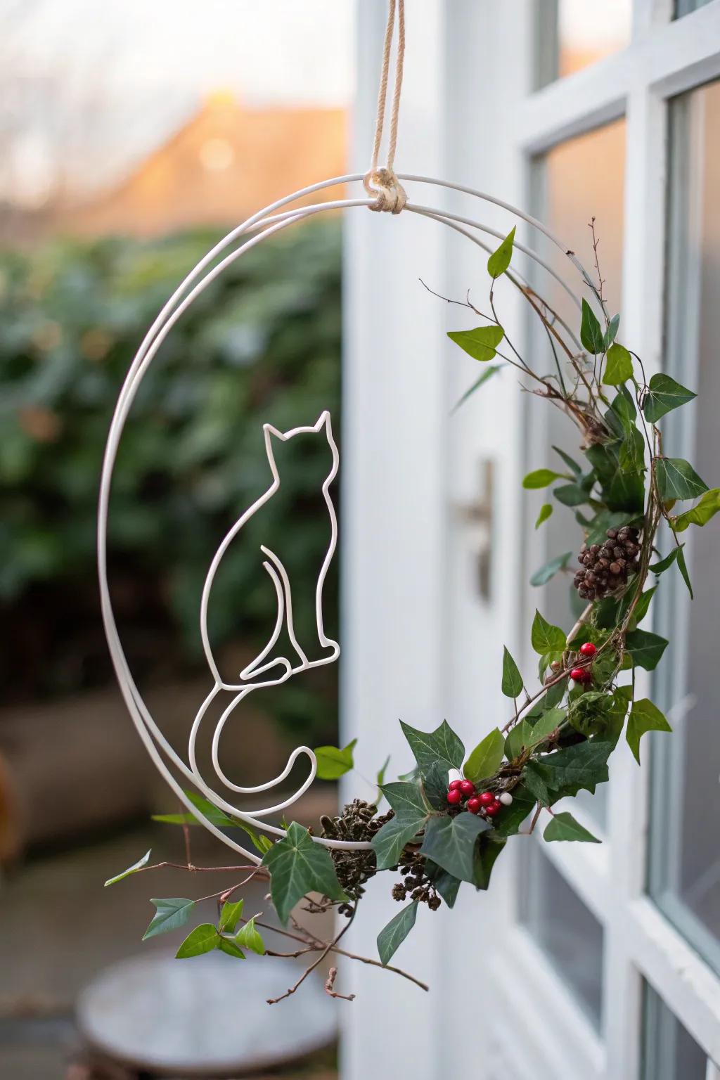 A minimalist feline contour wreath for a sleek style.