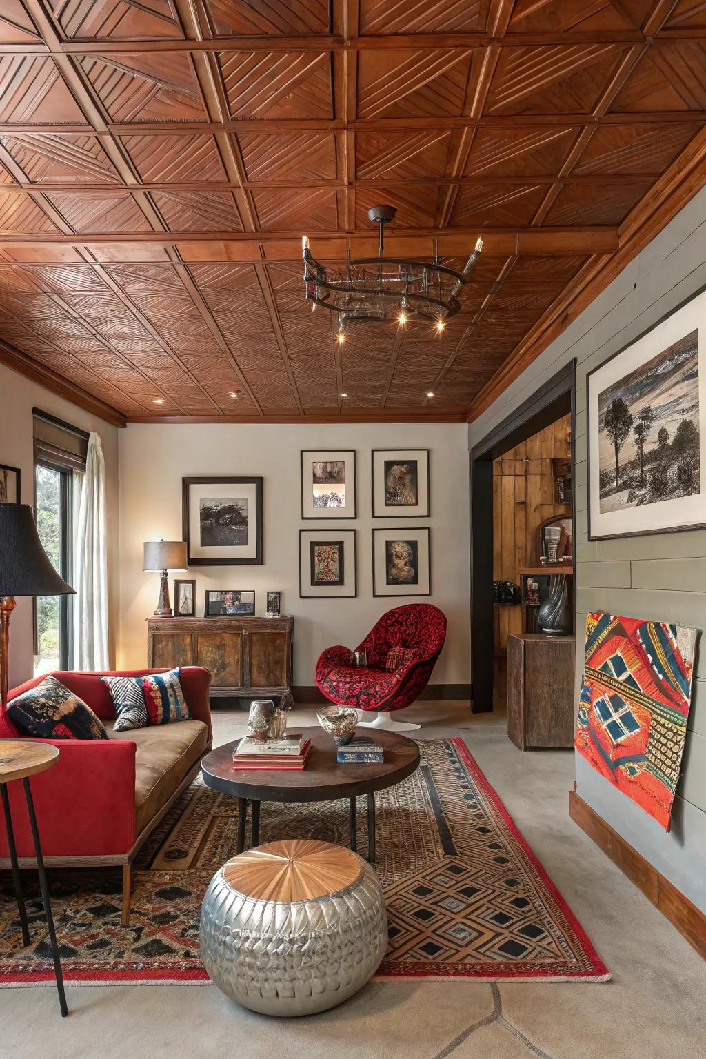 An eclectic chamber with a timber ceiling and metallic accents for a singular style.