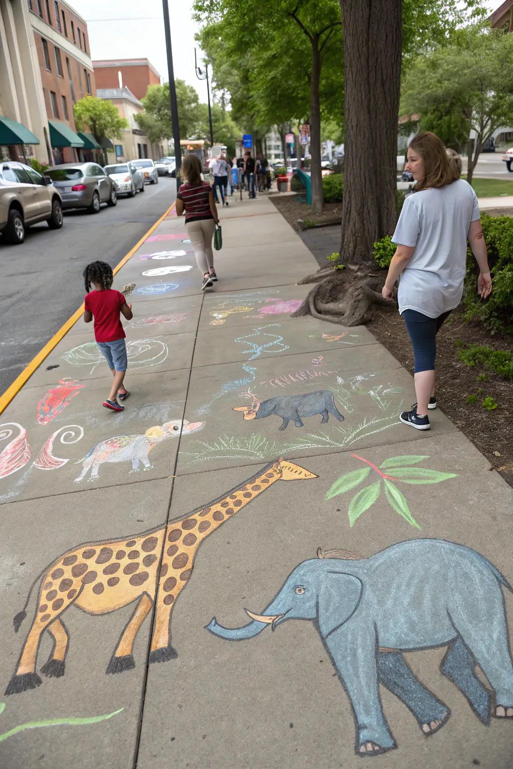 A playful menagerie scene sketched with art sticks, showcasing a variety of creatures.