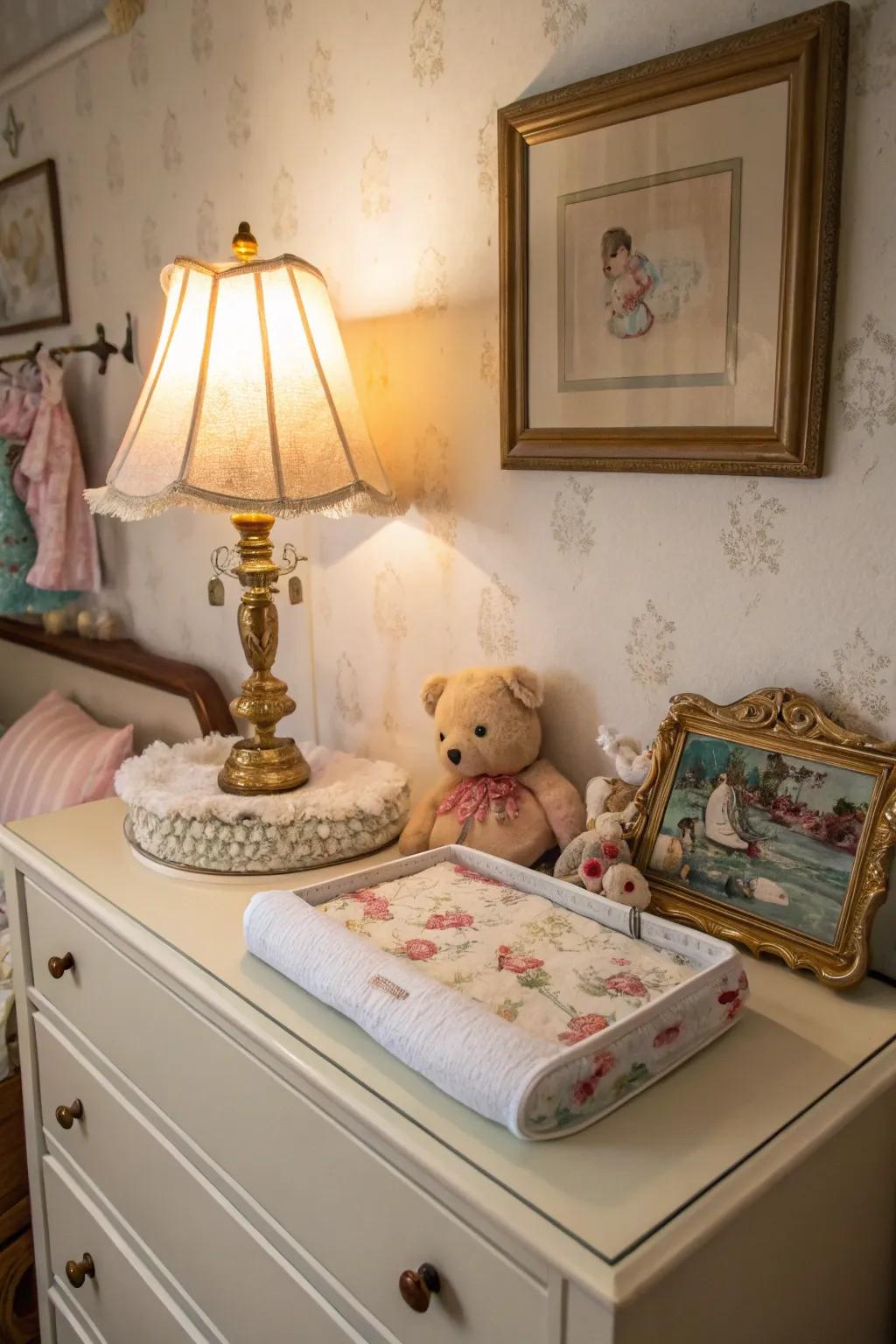 Vintage pieces add charm and character to the nursery decor.